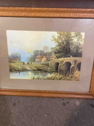 Framed Landscape Print (River, Bridge, and Village Scene)