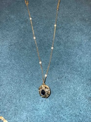 Gold-Tone Chain Necklace with Pearl Accents and Ornate Blue Cabochon Pendant