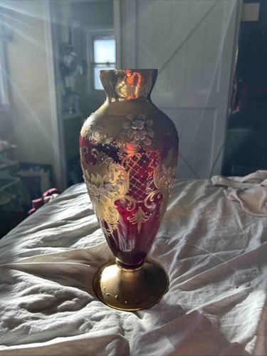 Bohemian Ruby Red and Gold Enamel Vase