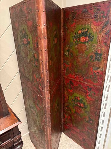 Three-Paneled Tooled and Painted Leather Floor Screen