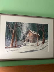 Framed Watercolor Painting of a Winter Barn Scene