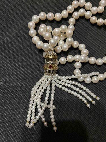 Multi-Strand Pearl Necklace with Crown Tassel Pendant