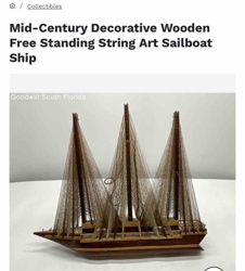 Mid-Century Decorative Wooden Free Standing String Art Sailboat Ship