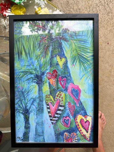 Framed Mixed Media Art Print: Palm Trees with Hearts