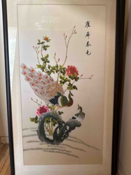 Framed Silk Embroidery of Peacocks and Peonies