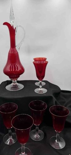 Mid-Century Modern Italian Empoli Glass Decanter Set with Six Cordial Glasses
