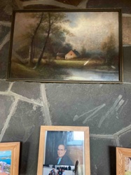 Framed Landscape Painting with House and River