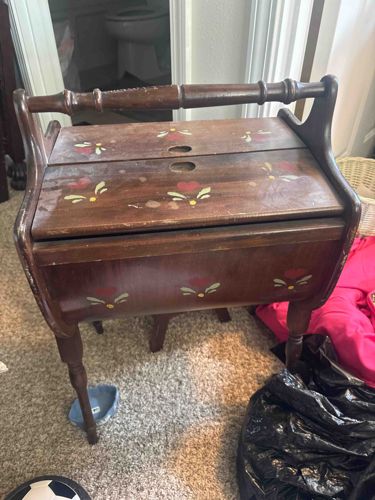 Vintage Wooden Sewing Box with Hand-Painted Folk Art Decoration