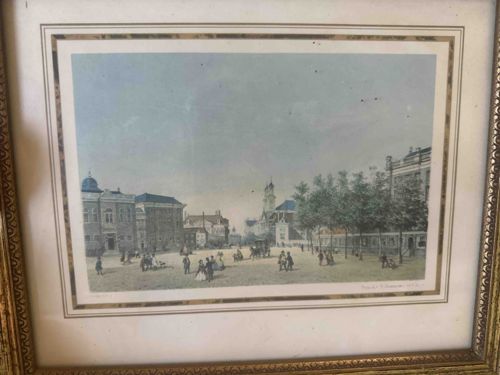 Framed Hand-Colored Lithograph of a European Town Square by F. Hanfstaengl