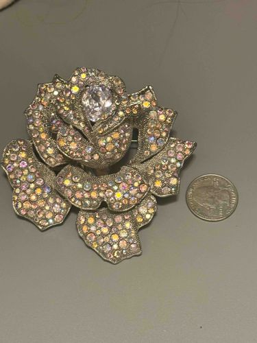 Large Aurora Borealis Crystal Rose Brooch