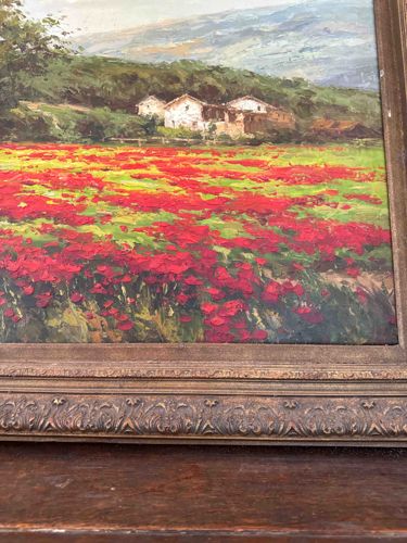 Oil Painting: Landscape with Red Poppy Field and Houses