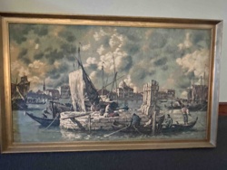 Framed Oil Painting: Venetian Canal Scene with Boats and Figures