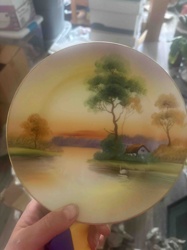 Hand-Painted Nippon Porcelain Scenic Plate with Swan and Sunset Landscape