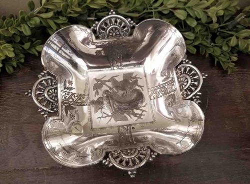 Meriden Silver Plate Etched Tray with Bird Motif