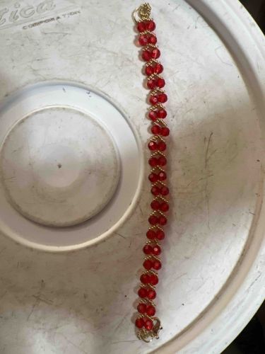 Red Beaded and Gold-Tone Wire Wrapped Bracelet