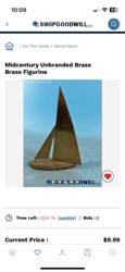 Midcentury Unbranded Brass Sailboat Figurine