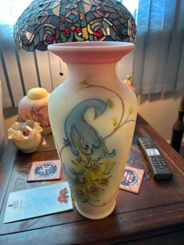 Hand-Painted Satin Glass Peacock Vase