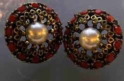 Vintage Faux Coral and Pearl Cluster Earrings