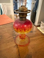 Two-Tone Cranberry and Amber Pressed Glass Oil Lamp