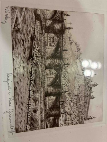 Architectural Etching of a Cityscape with Bridges and Buildings