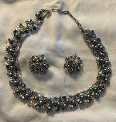 Vintage Faux Pearl and Rhinestone Necklace with Matching Clip-On Earrings