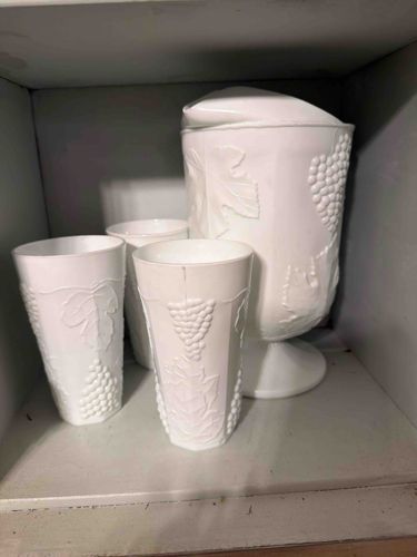 Vintage Westmoreland Milk Glass 'Paneled Grape' Pitcher and Tumbler Set