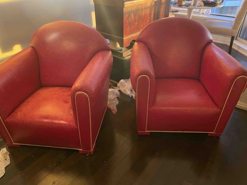 Pair of Red Leather Club Chairs with Contrast Piping