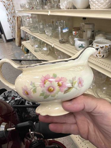 Vintage Floral Porcelain Gravy Boat with Silver Rim