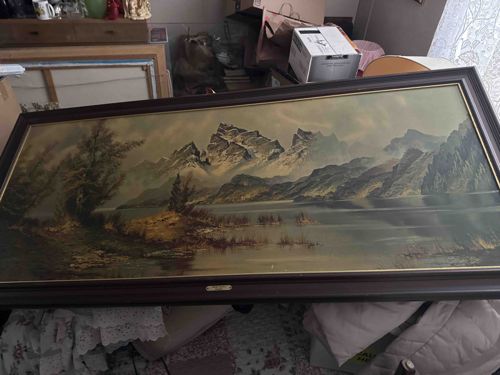 Mid-Century Panoramic Mountain Lake Oil Landscape