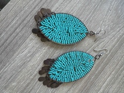 Turquoise Seed Bead and Metal Coin Dangle Earrings