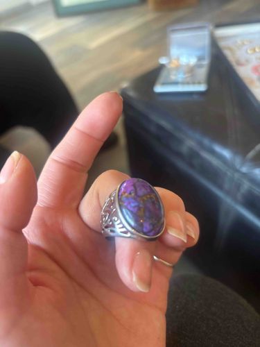 Large Oval Purple Stone Cabochon Ring with Filigree Setting