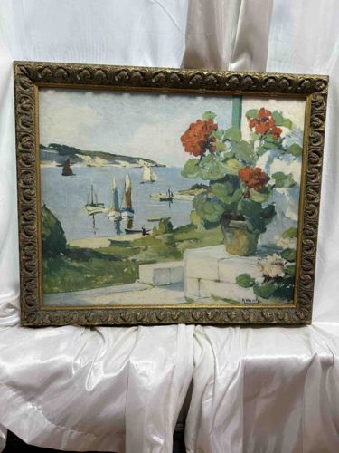 Seascape with Sailboats and Geraniums Painting