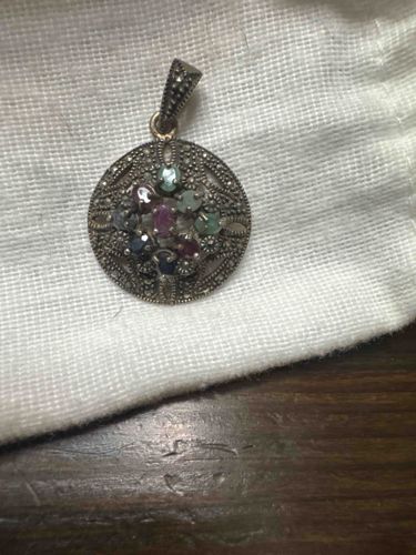 Italian Silver Art Deco Style Marcasite and Multi-Gemstone Round Pendant