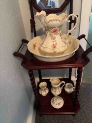 Victorian Era Wash Stand with Porcelain Basin and Pitcher Set