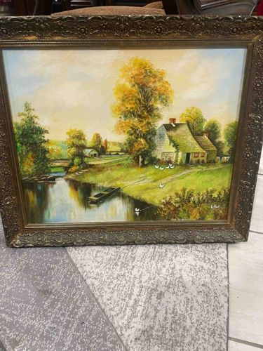 Framed Riverside Countryside Landscape Oil Painting