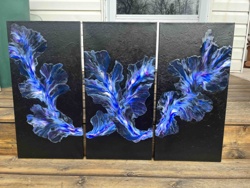 Abstract Acrylic Pour Triptych (Blue on Black)