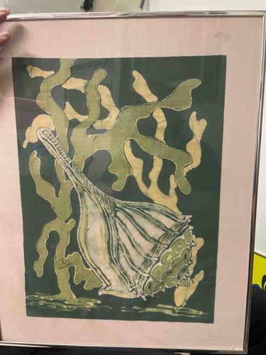 Framed Batik Art: Conch Shell and Seaweed