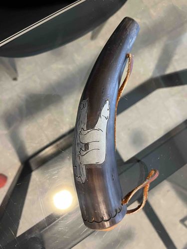 Carved Animal Horn Powder Horn / Decorative Vessel