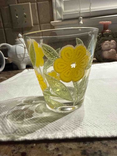 Vintage Clear Glass Tumbler with Yellow Floral Design