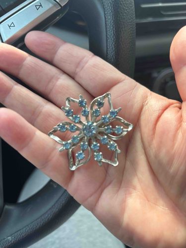 Vintage Silver-Tone Snowflake or Floral Brooch with Blue Rhinestones