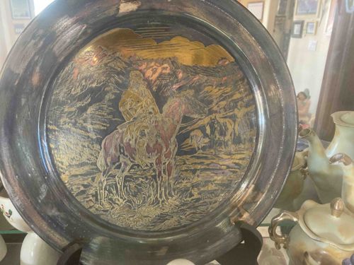 Etched and Gilded Metal Decorative Plate with Camel Rider Motif