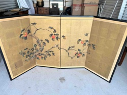 Japanese Four-Panel Gilt Screen (Byōbu) with Persimmon Tree and Birds Motif