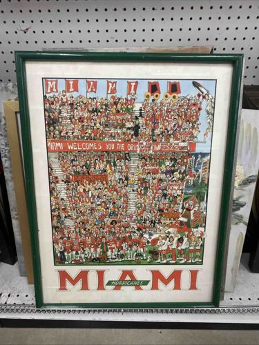 Framed 'Miami Hurricanes' Cartoon Stadium Print