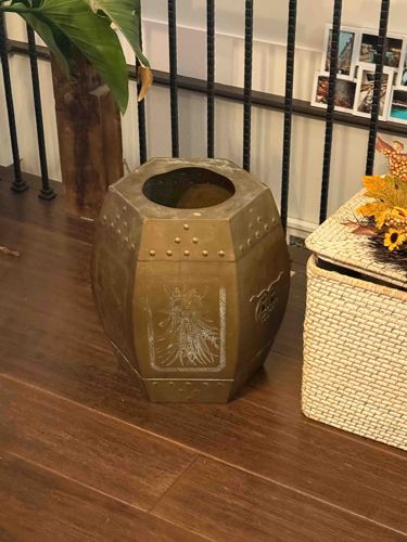 Octagonal Brass Planter or Waste Bin with Embossed Motifs