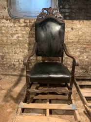 Carved Wood Armchair with Leather Upholstery