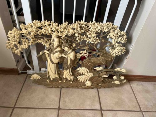 Asian Figural Relief Wall Sculpture with Tree and Bridge Motif
