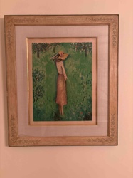 Figural Landscape Artwork with Woman in Hat