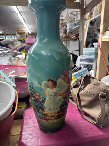 Tapered Teal Glass Vase with Angel Decal