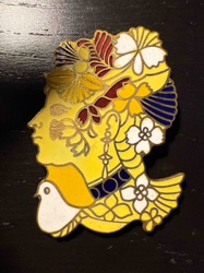 Art Nouveau Style Enamel Brooch with Female Profile and Floral/Avian Motifs