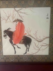 Chinese Feather Painting of a Figure on a Donkey